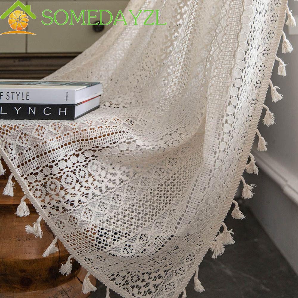 Somedayzl ผ้าม่านถักโครเชต์ โปร่งแสง พู่ ผ้าฝ้าย รักษาหน้าต่าง สีเบจ หลายขนาด ผ้าม่านกลวง