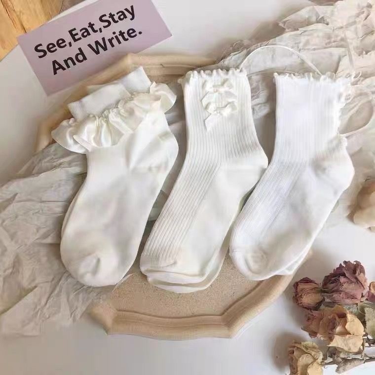 ถุงเท้านักเรียนญี่ปุ่นแฟชั่น สไตล์โลลิต้า สีทึบ มีโบว์ สวมใส่สบาย