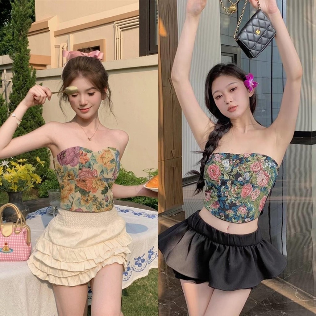 Mini shop🌸พร้อมส่ง🌸 (FY2217-1) เกาะอกลายดอกไม้ มีฟองน้ำ 3สี -H