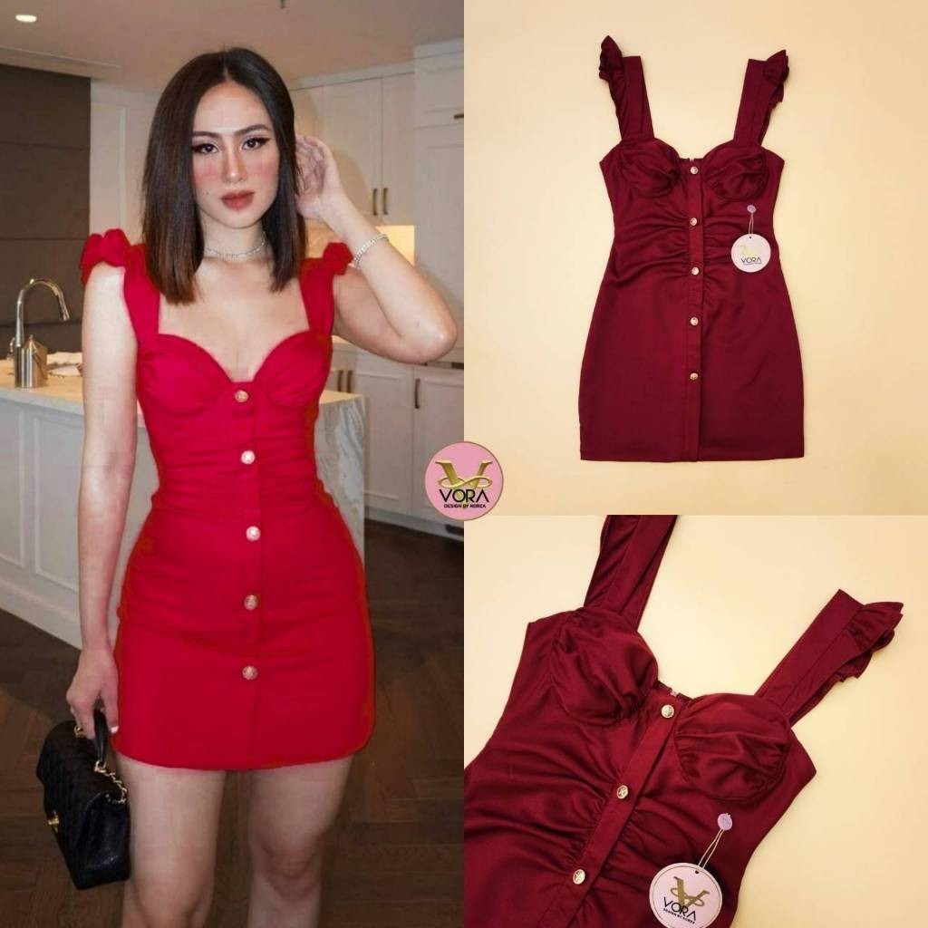 (พร้อมส่ง) Vora33  Dress สายเดี่ยวแต่งจับจีบระบายช่วงไหล่ จับจีบช่วงอก มีฟองน้ำจัดทรงช่วงอก  Cafe.sh