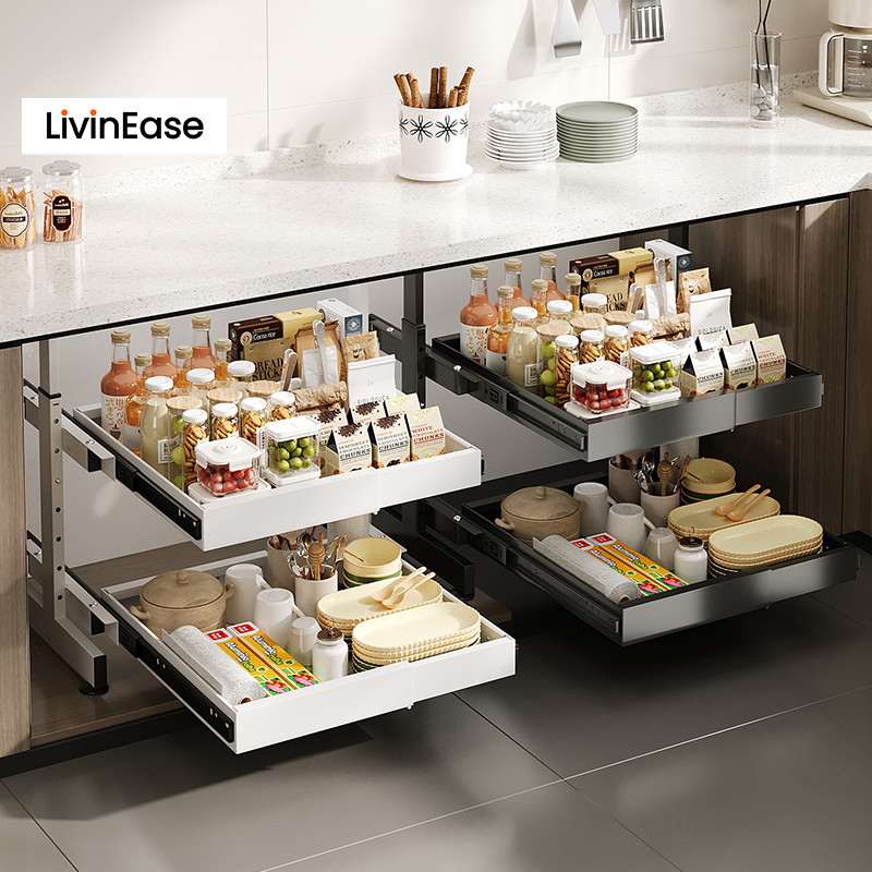 Livinease พร้อมขาตั้งด้านข้าง 2 ชั้นดึงออกชั้นวางตะกร้าแบบพับเก็บได้ลิ้นชักตู้ครัวชั้นเก็บ