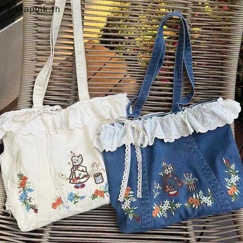 Ank ใหม่ Artistic Sweet Lace Splicing ปักไหล่เดี่ยวกระเป๋าถือคาวบอย EN