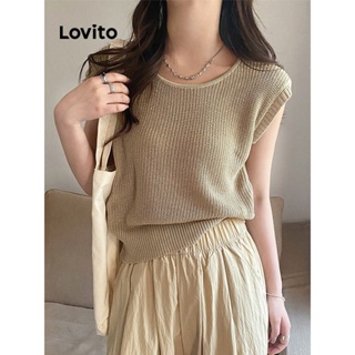 Lovito เสื้อยืดลําลอง แขนสั้น คอกลม เย็บติดกัน แบบเรียบ สําหรับผู้หญิง LNE21252 (สีกากี/แอปริคอท/ชมพูอ่อน)