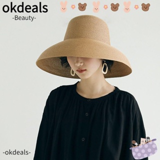 Okdeals หมวกฟางปีกกว้าง กันแดด แบบพับได้ สีขาว แฟชั่นฤดูร้อน สไตล์เฮปเบิร์น