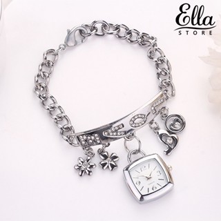 Ellastore123 นาฬิกาข้อมือควอตซ์แฟชั่น สายแสตนเลส ประดับพลอยเทียม ลายดอกไม้ หัวใจ สําหรับชีวิตประจําวัน