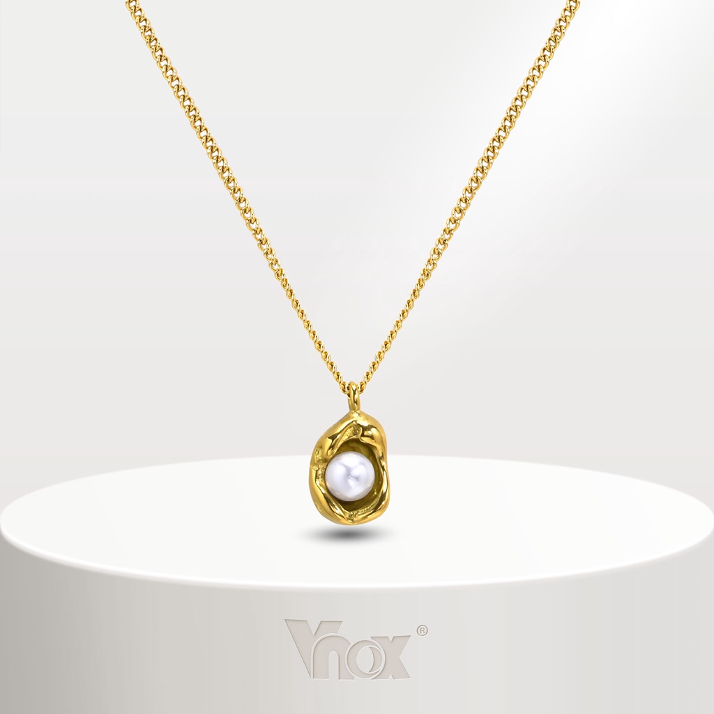 สร้อยคอทองคํา 18K พร้อมจี้ไข่มุก รูปถั่ว Vnox สไตล์เกาหลี สําหรับผู้หญิง