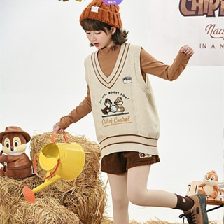 เสื้อกั๊กลําลอง คอวี ผ้าถัก ทรงหลวม ปักลายการ์ตูนอนิเมะ Chip n Dale BFF ให้ความอบอุ่น แฟชั่นฤดูใบไม้ผลิ และฤดูใบไม้ร่วง สําหรับผู้หญิง [RAIN]