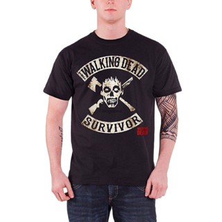 เสื้อยืดคอกลมMen Coton T-Shirt The Walking Dead T Shirt Mens Black Survivor Skull Head Zombie Walkers Summer