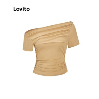 Lovito เสื้อยืดไม่เสมอกัน แต่งจีบย่น สีพื้น สไตล์ลำลอง สำหรับผู้หญิง L56ED044 (สีกากี)