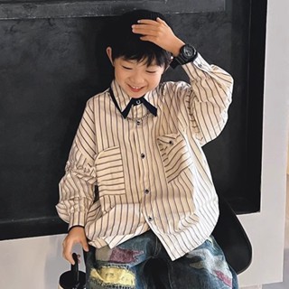 เสื้อเชิ้ตแขนยาวลําลอง สีขาว แฟชั่นสําหรับเด็กผู้ชาย E89H