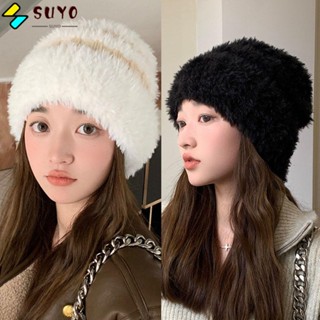 Suyo หมวกถักลําลอง ให้ความอบอุ่น ป้องกันหู คุณภาพสูง สีพื้น แฟชั่นฤดูหนาว สําหรับผู้หญิง