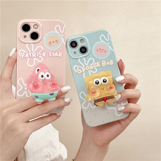 เคสโทรศัพท์มือถือ TPU นิ่ม ลาย Sponge Bob Patrick Star 3D พร้อมขาตั้ง สําหรับ iPhone 11 12pro 13 Pro Max iPhone14