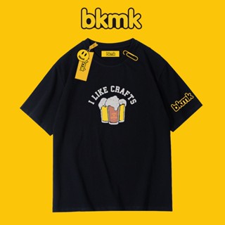 Bkmk เสื้อยืดแขนสั้น ผ้าฝ้าย ทรงหลวม พิมพ์ลาย สไตล์อเมริกัน เรโทร แฟชั่นสําหรับผู้ชาย