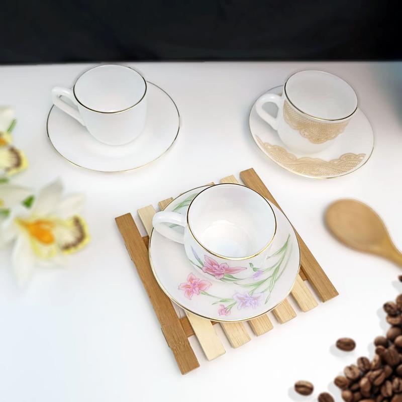 แก้วกาแฟพร้อมจานรองเนื้อแก้วลายมุก