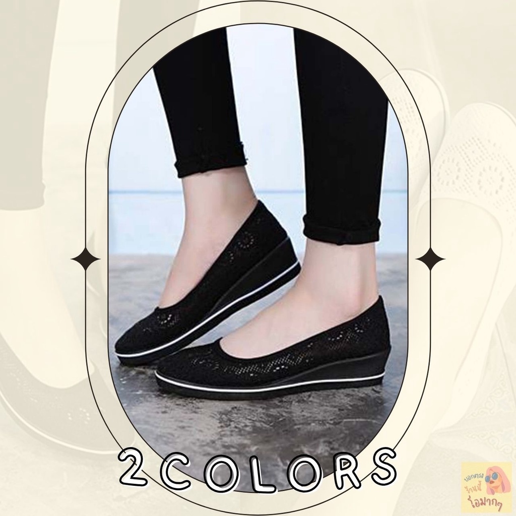 โอมากๆ🍊แฟชั่น รองเท้าคัชชู ถักฉลุลายลูกไม้ 2 สี (ขาว,ดำ) ส้นหนา เบอร์ 35-40 (26)