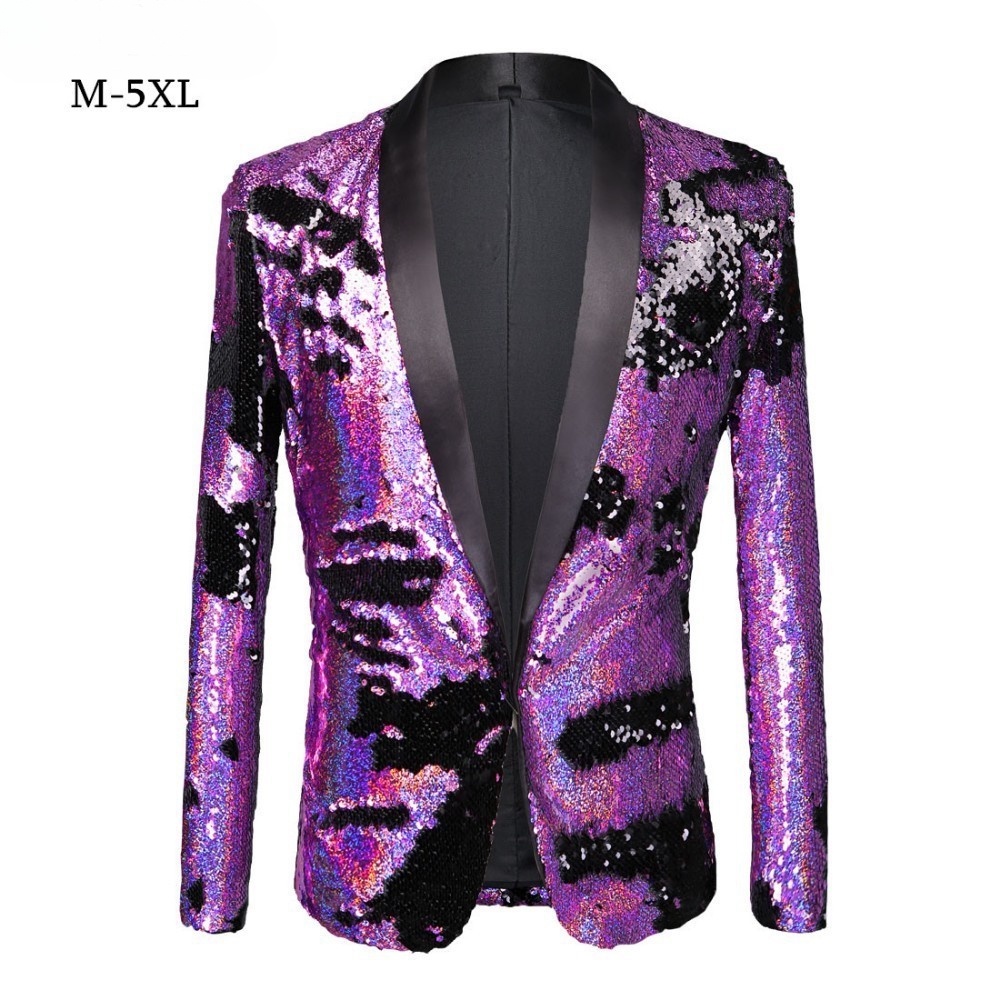 [sequin Suit] เสื้อโค้ท ปักเลื่อม สีม่วง ดํา สไตล์พังก์ ไนท์คลับ บาร์ ดีเจ นักร้อง เครื่องแต่งกาย สําหรับผู้ชาย CLRV