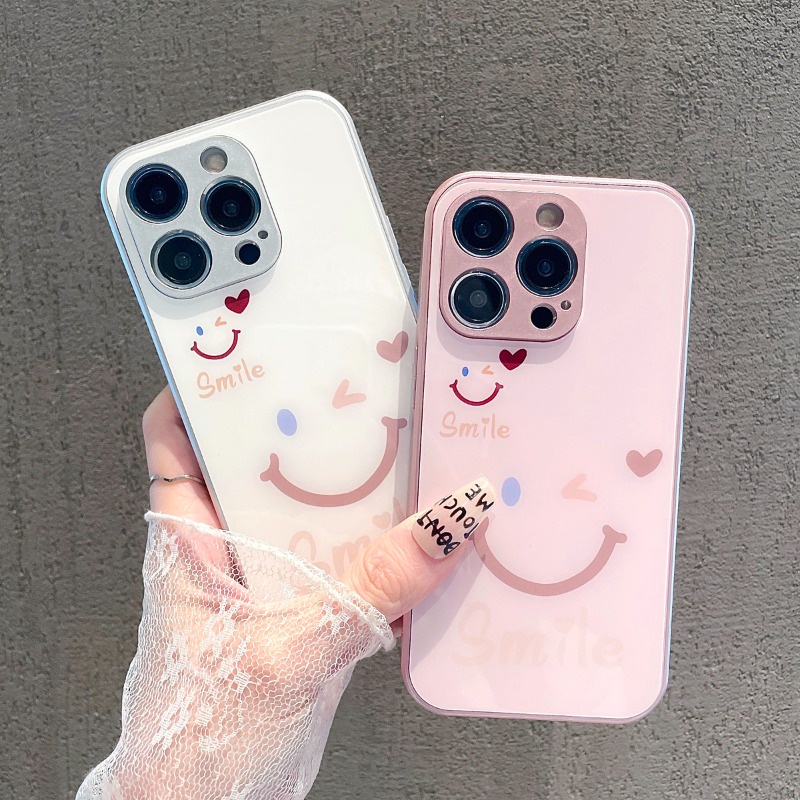 เคสโทรศัพท์มือถือแบบแก้ว ลายหน้ายิ้ม กระพริบ สําหรับ Apple 15pro 14plus 13promax 12 11promax 7 8plus