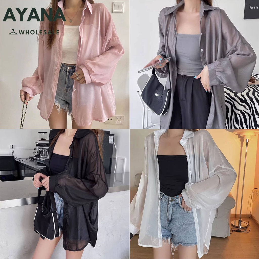 เสื้อคลุมกันแดด ความยาวปานกลาง แบบบาง คอปกสีพื้น