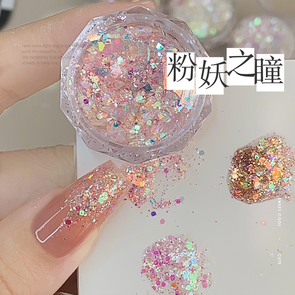ชุดอุปกรณ์ตกแต่งเล็บ Moonlight Nail Art Glitter and Sequin: กลิตเตอร์ฟอยล์เลเซอร์สไตล์ยุโรป พร้อมเลื่อมกลิตเตอร์ขนาดใหญ่