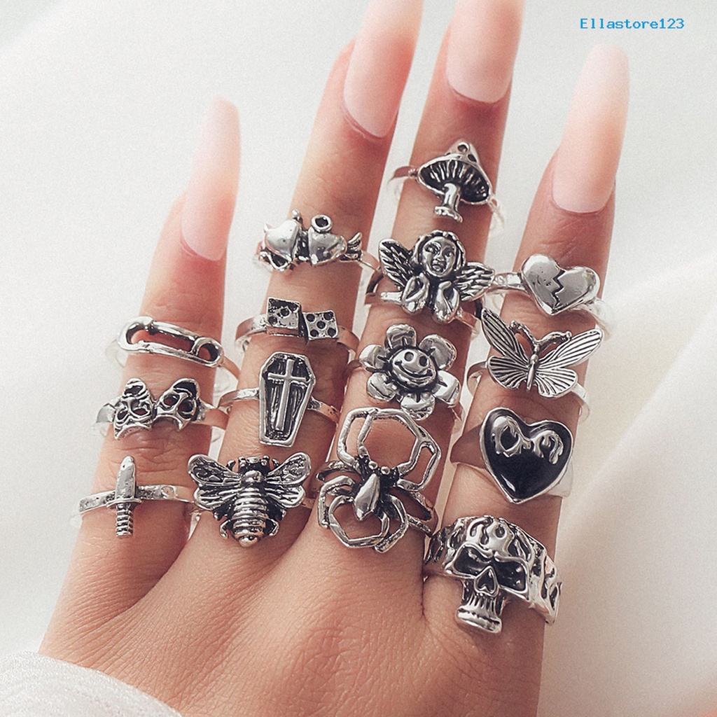 Ellastore123 ชุดแหวนเงิน รูปแมลง ดอกไม้ หัวใจ สไตล์โกธิค วินเทจ เรโทร เครื่องประดับ ของขวัญ สําหรับผู้ชาย ผู้หญิง 15 ชิ้น