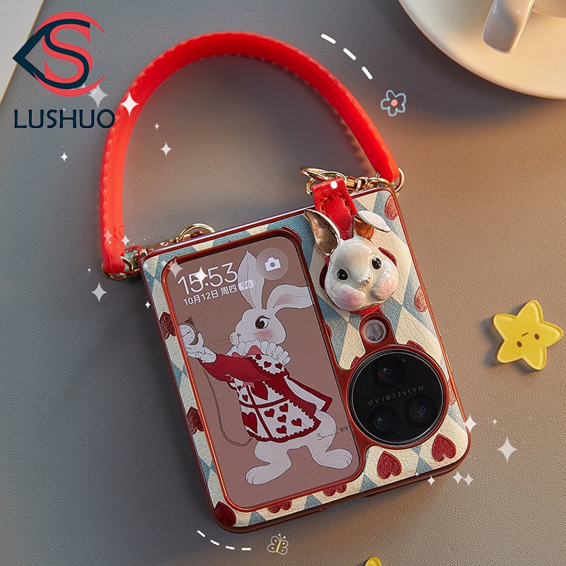 Lushuo เคสโทรศัพท์มือถือหนัง ฝาพับ ลายกระต่ายน่ารัก พร้อมช่องใส่บัตร และสายคล้อง สําหรับ OPPO Find n3 N2 Find N2 n3 findn2 3
