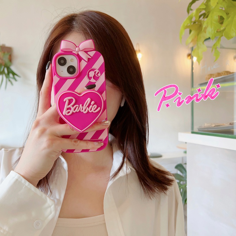 เคสโทรศัพท์มือถือ ซิลิโคน ลายบาร์บี้ 3D พร้อมขาตั้ง สําหรับ iPhone 15 14 13 12 11 12Pro 13Pro 14Pro 15Pro 12promax 14promax 13promax 15promax 14promax