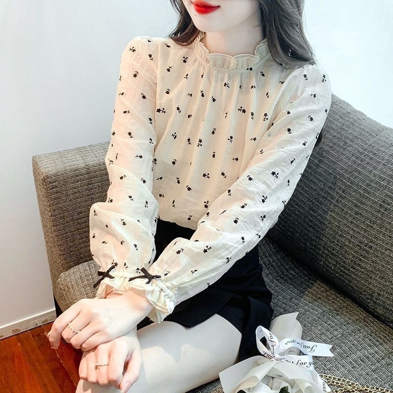 เสื้อเชิ้ตแขนยาวผ้าชีฟองลายดอกไม้นิชฝรั่งเศสสําหรับผู้หญิง