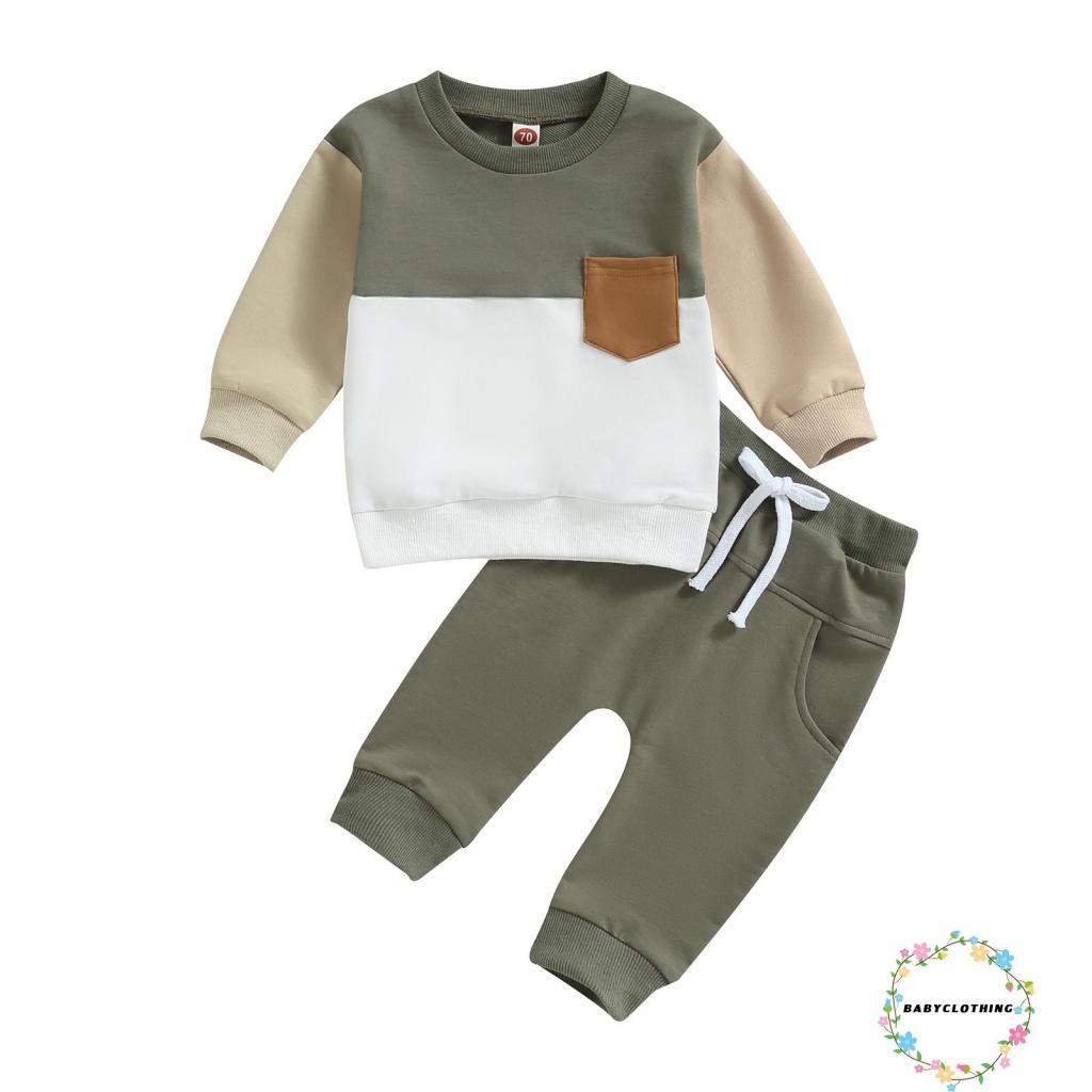 Babyclom-เด็กทารก 2 ชิ้นTracksuit Contrastสีเสื้อแขนยาวและกางเกงยืดหยุ่นสําหรับเด็กวัยหัดเดินชุดฤดูใบไม้ร่วง