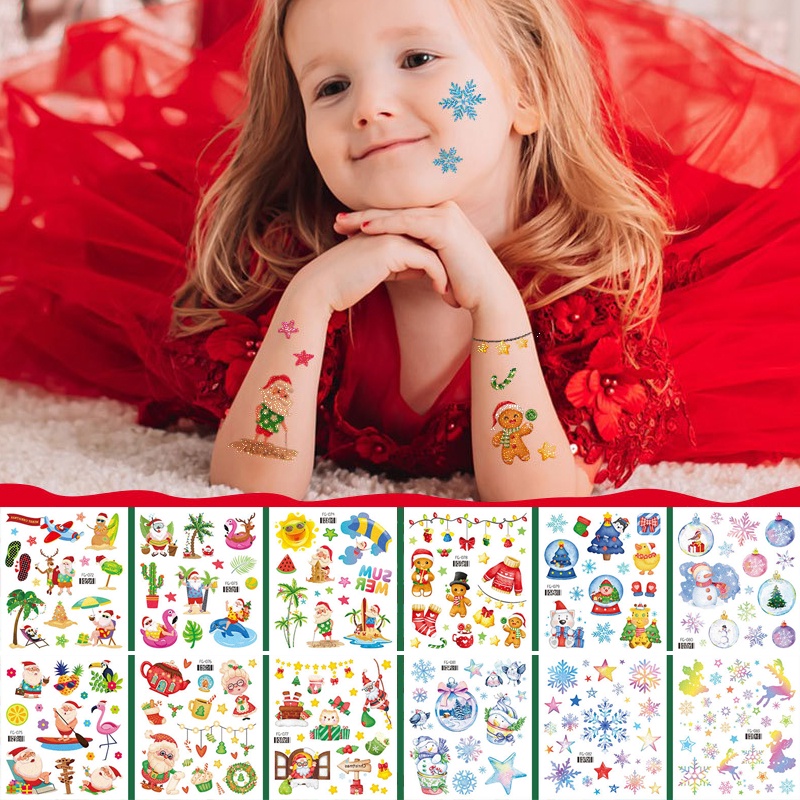 ใหม่ tattoo christmas แทททู สติกเกอร์รอยสัก ลายการ์ตูนคริสต์มาส เกล็ดหิมะ ไล่โทนสี สําหรับเด็ก