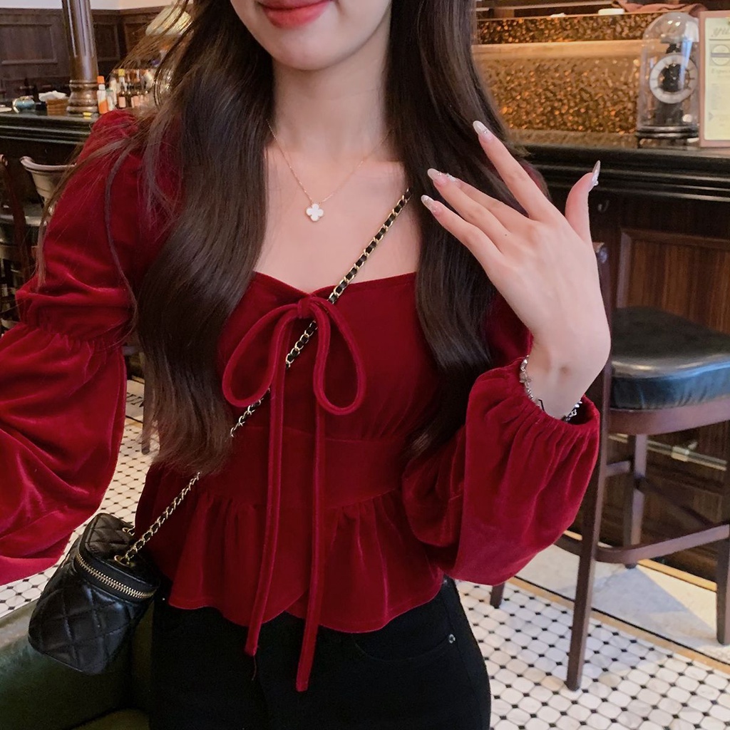 เสื้อเชิ้ตแขนยาว ผ้ากํามะหยี่ สีแดง สไตล์ฝรั่งเศส แฟชั่นเรโทร