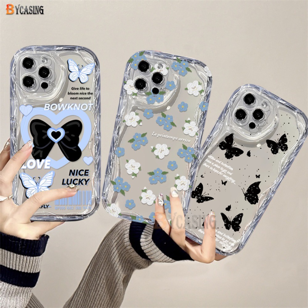 เคสโทรศัพท์มือถือแบบใส แต่งโบว์ ลายดอกไม้ ผีเสื้อ 3D ขอบหยัก สีขาว ฟ้า แฟชั่น สําหรับ Realme Note 50 C51 C53 C55 C35 C15 C25 C17 11 8i 5i 7i 9i C11 6i C31 C30 C25Y C33 C21Y C2