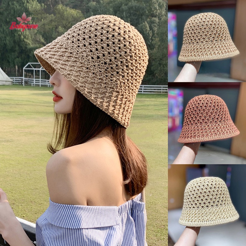 Byce> ใหม่ หมวกฟางปีกกว้าง หมวกสาน ทรงบักเก็ต กันแดด สไตล์ชายหาด ฤดูร้อน สําหรับผู้หญิง