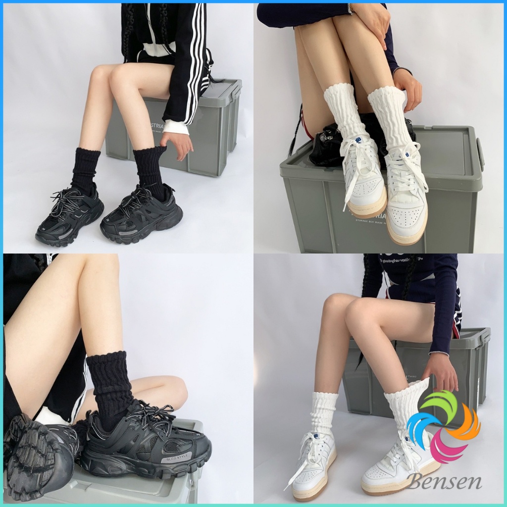 Bensen ถุงเท้านุ่มหนา นุ่ม สไตล์ญี่ปุ่น แนววินเทจ สีพื้น ข้อยาว women's socks - รูปที่ 4