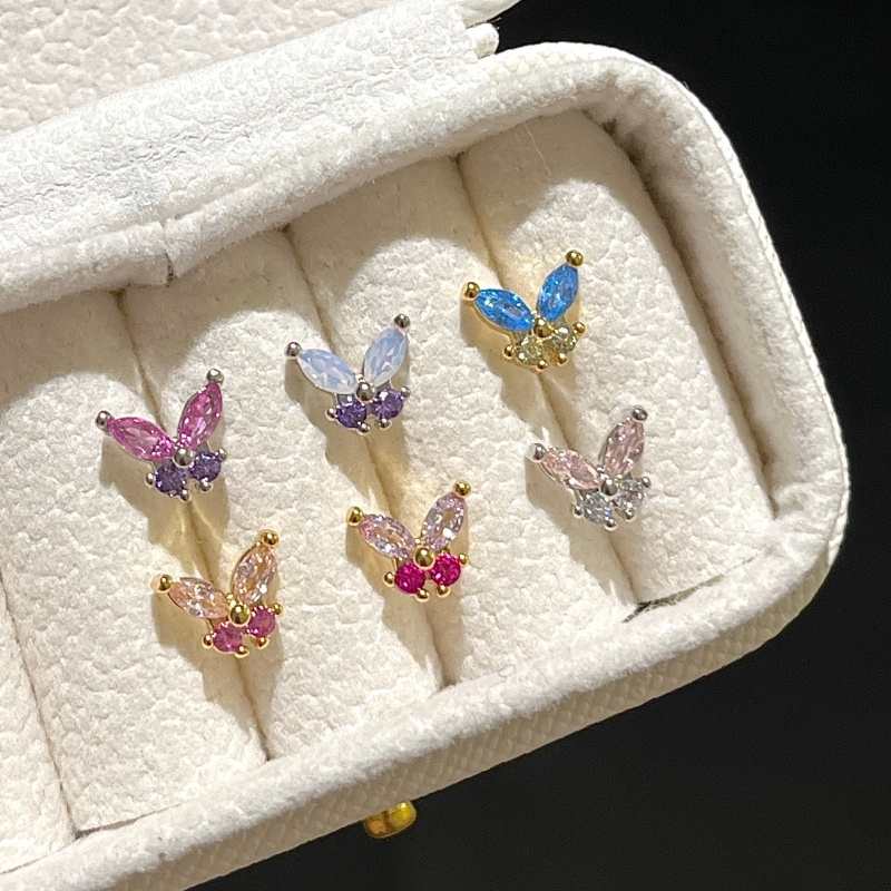 ต่างหูสตั๊ด ทอง 18K ประดับเพทาย รูปผีเสื้อ ขนาดเล็ก สีสันสดใส