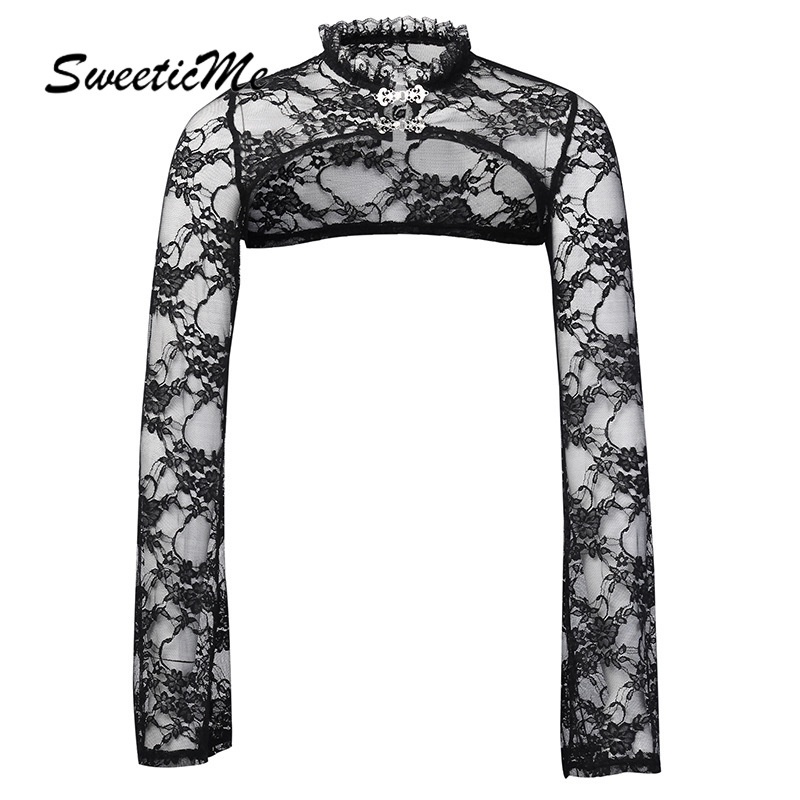 Sweeticme ใหม่ เสื้อแขนยาว เข้ารูป แต่งลูกไม้ เซ็กซี่ สีพื้น แฟชั่นสําหรับผู้หญิง 2024