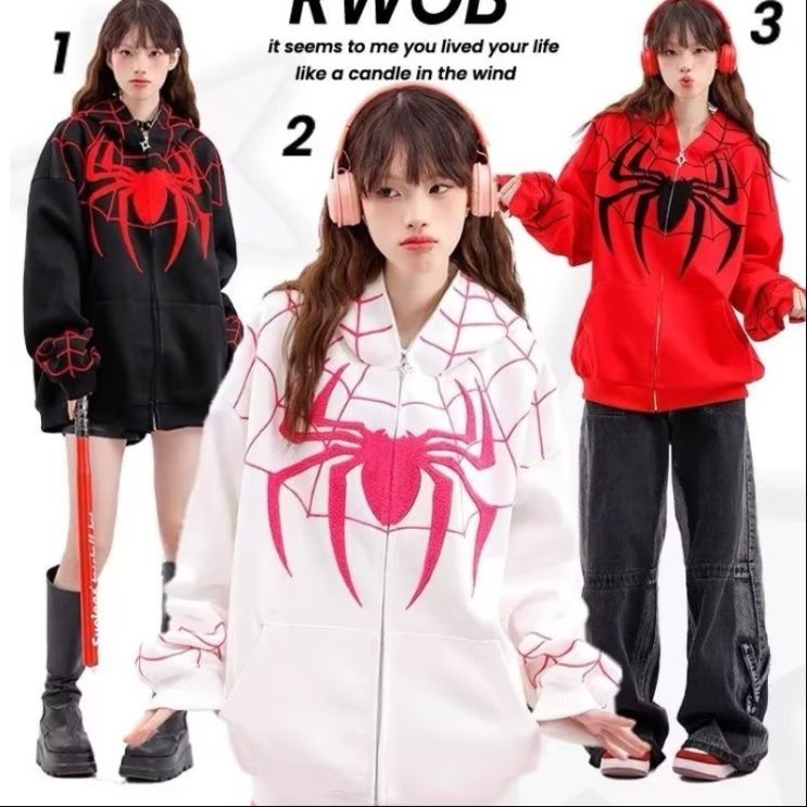 เสื้อกันหนาว มีฮู้ดดี้ แต่งซิป ลายสไปเดอร์แมน สไตล์ฮิปฮอป อเมริกัน วินเทจ พลัสไซซ์ สําหรับผู้ชาย และผู้หญิง