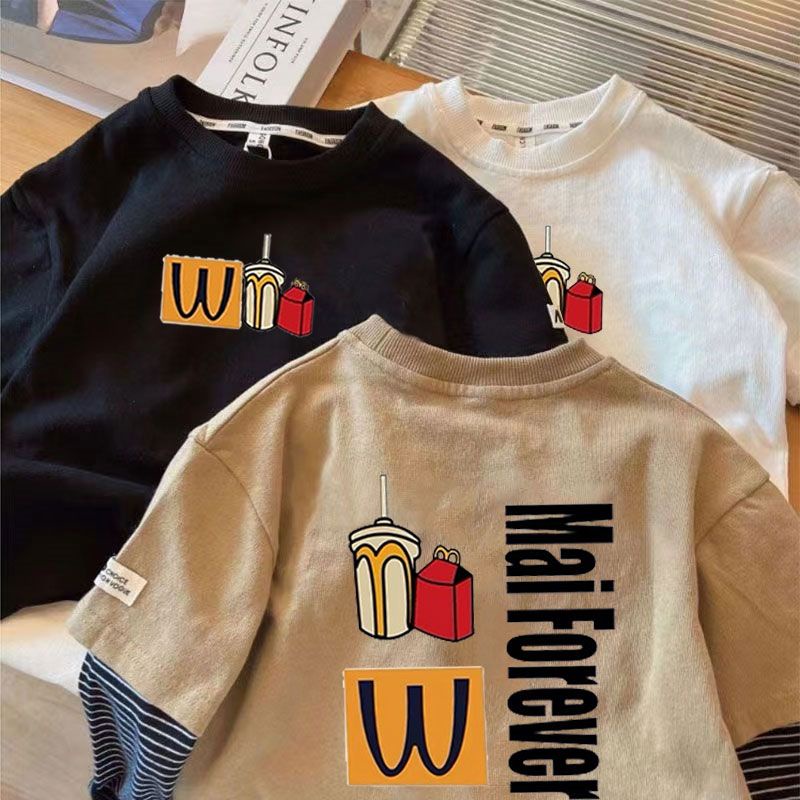 Kid Tshirt (1-13Y) ผ้าฝ้ายรอบคอแขนยาวเด็กผู้หญิง T เสื้อบางหลวมสไตล์เกาหลีพิมพ์ Strip Splicing Budak Lelaki Baju Cool แฟชั่น Top