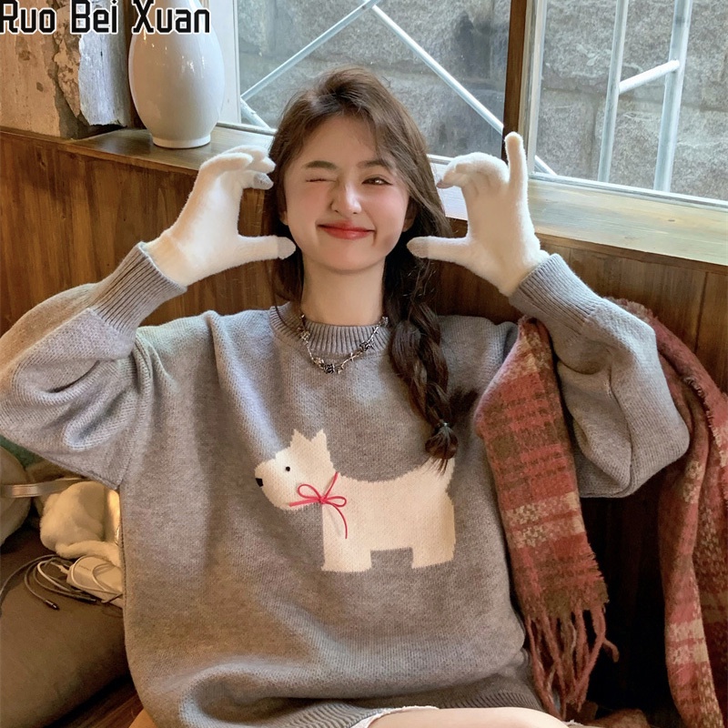 Ruo Bei Xuan เสื้อกันหนาว คอกลม ผ้าถัก สไตล์อ่อนโยน สําหรับผู้หญิง