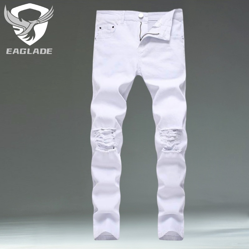 Eaglade กางเกงยีนสกินนี่ แต่งรอยขาด สีขาว ทรงสลิมฟิต สําหรับผู้ชาย 57 นิ้ว