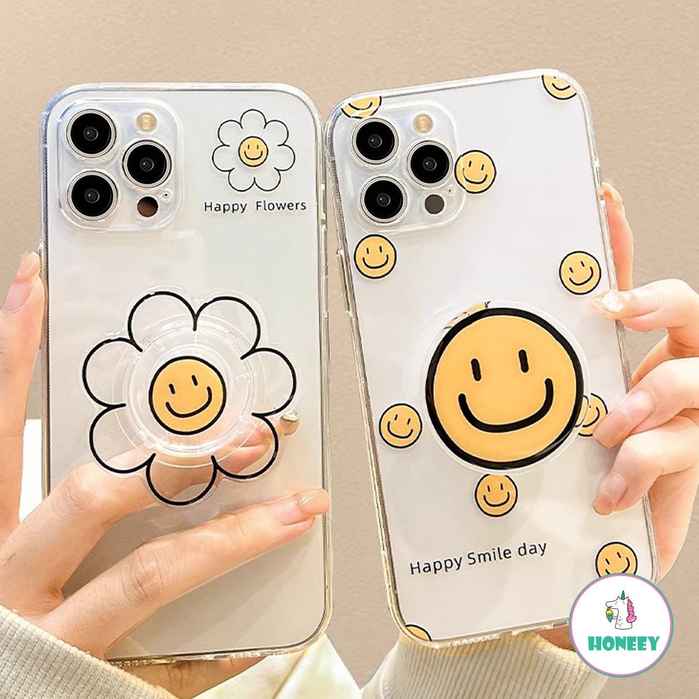 เคสโทรศัพท์มือถือ TPU ใส กันกระแทก ปิดด้านหลัง ลายดอกไม้หน้ายิ้ม เรียบง่าย พร้อมขาตั้ง สําหรับ iPhone 15 Pro Max 14 13 12 11 Pro Max XR XS 7Plus 8Plus