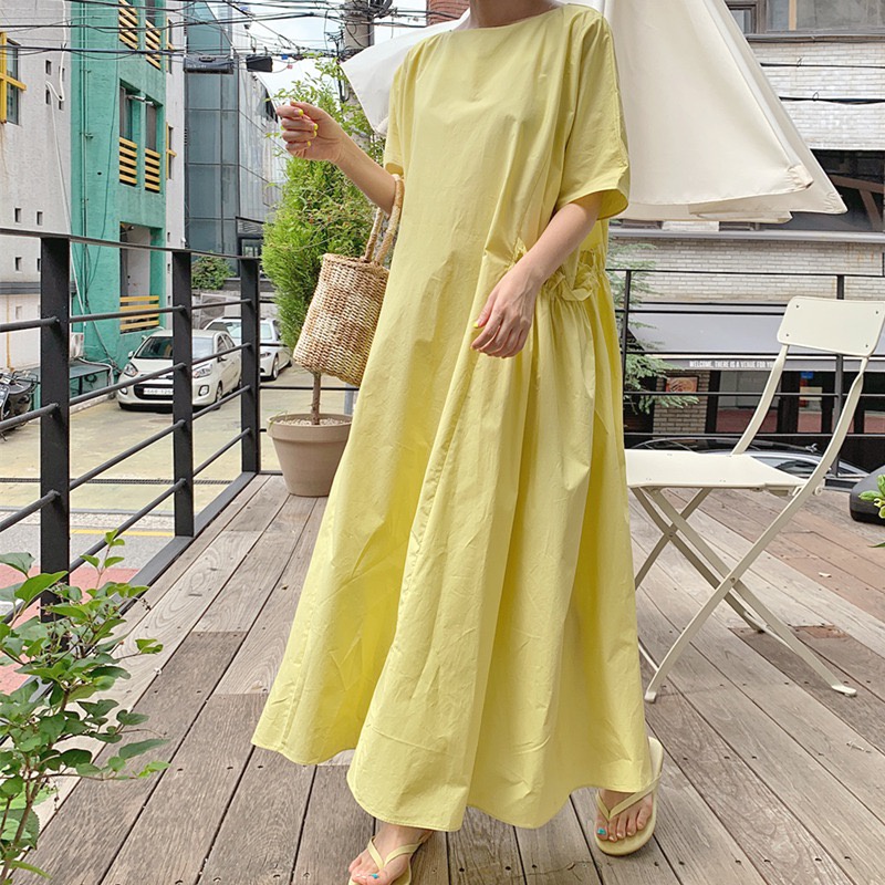 Xiao2 ชุดเดรสกระโปรงยาว แขนสั้น ทรงเอ ทรงหลวม สีเหลือง สไตล์เกาหลี สําหรับสตรี พลัสไซซ์ MC TV4Z