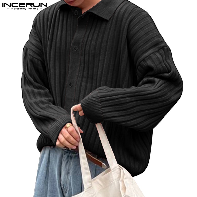 Incerun เสื้อเชิ้ตแขนยาว คอปก ลายทาง สีพื้น แฟชั่นเกาหลี สําหรับผู้ชาย