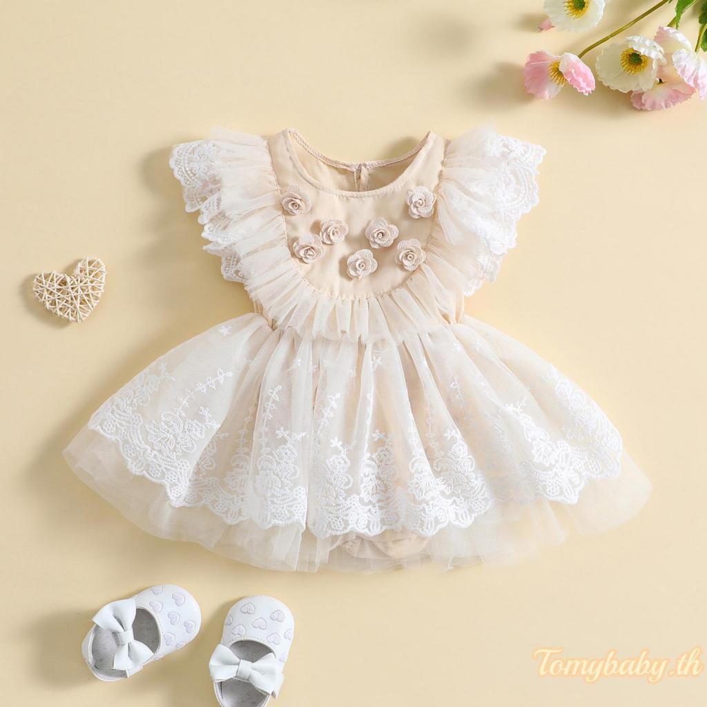 [จัดส่งจากประเทศไทย] ชุดรอมเปอร์ แขนพอง คอกลม ลูกไม้ ลายดอกไม้ สําหรับเด็กผู้หญิง