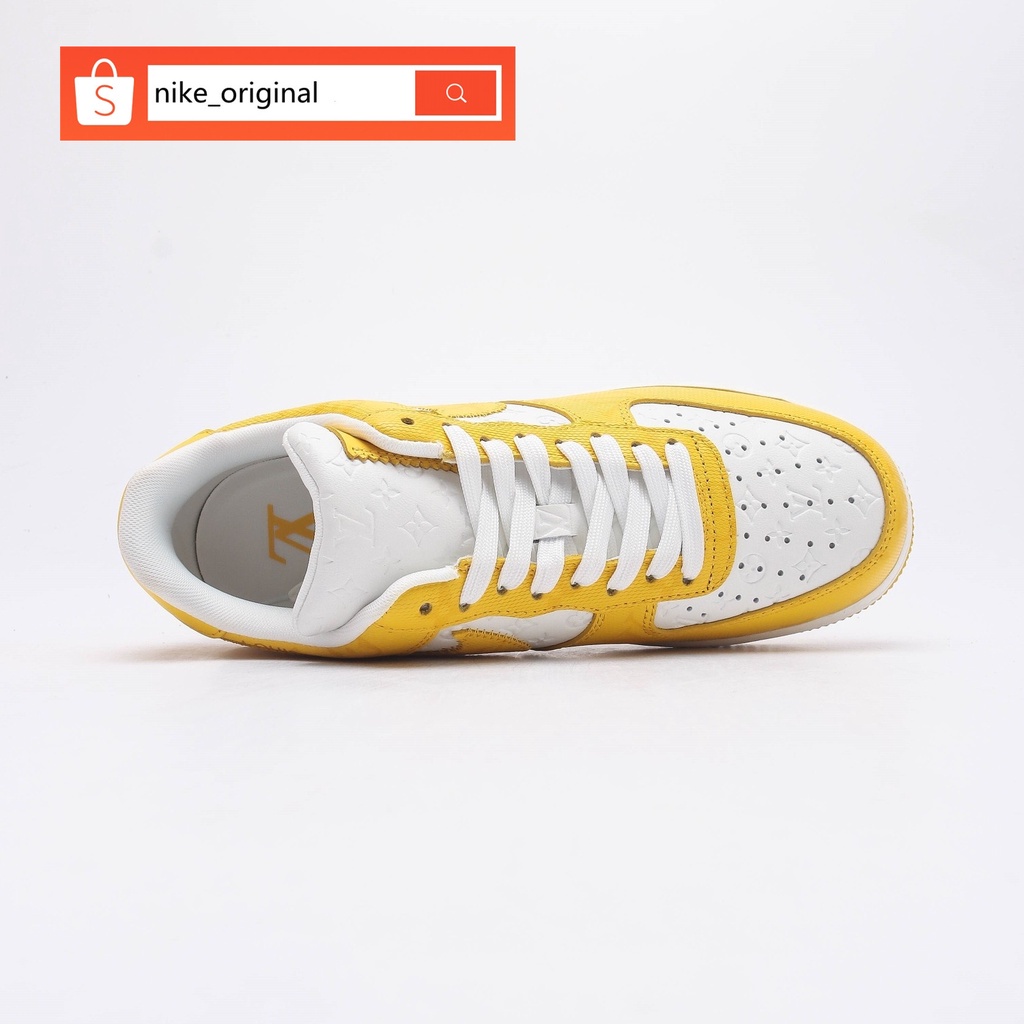 Nike Air Force 1 x Louis Vuitton LV สีเหลืองสีขาวรองเท้าผ้าใบรองเท้าสำหรับผู้หญิงและผู้ชายของแท้ 100% สบาย ๆ สบาย ๆ