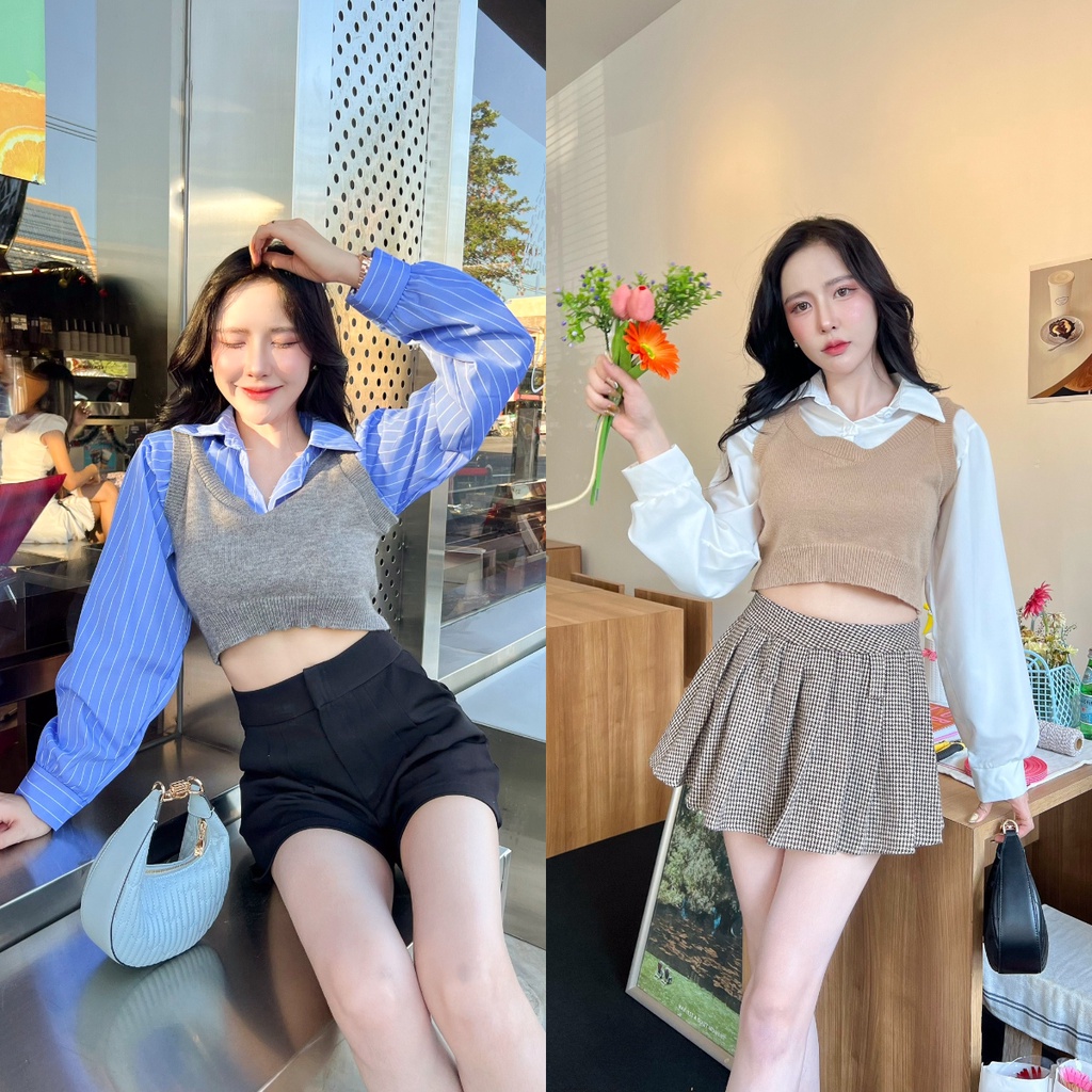 Aurora พร้อมส่ง เสื้อครอป เซ็ต เสื้อเชิ้ต + กล้าม ไหมพรม เชิ๊ตคอปก แขนยาว เย็บติดกัน ดีไซน์เก๋ สไตล์เกาหลี 01067