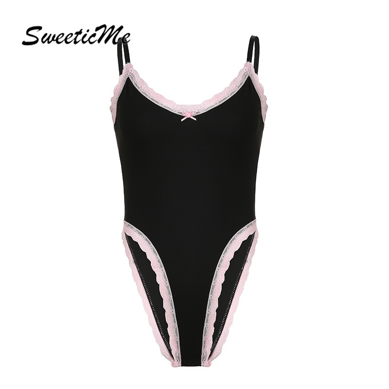 SweeticMe ชุดบอดี้สูทลําลองสําหรับผู้หญิงแฟชั่นใหม่ลูกไม้คอวีสลิมฟิตเปลือย