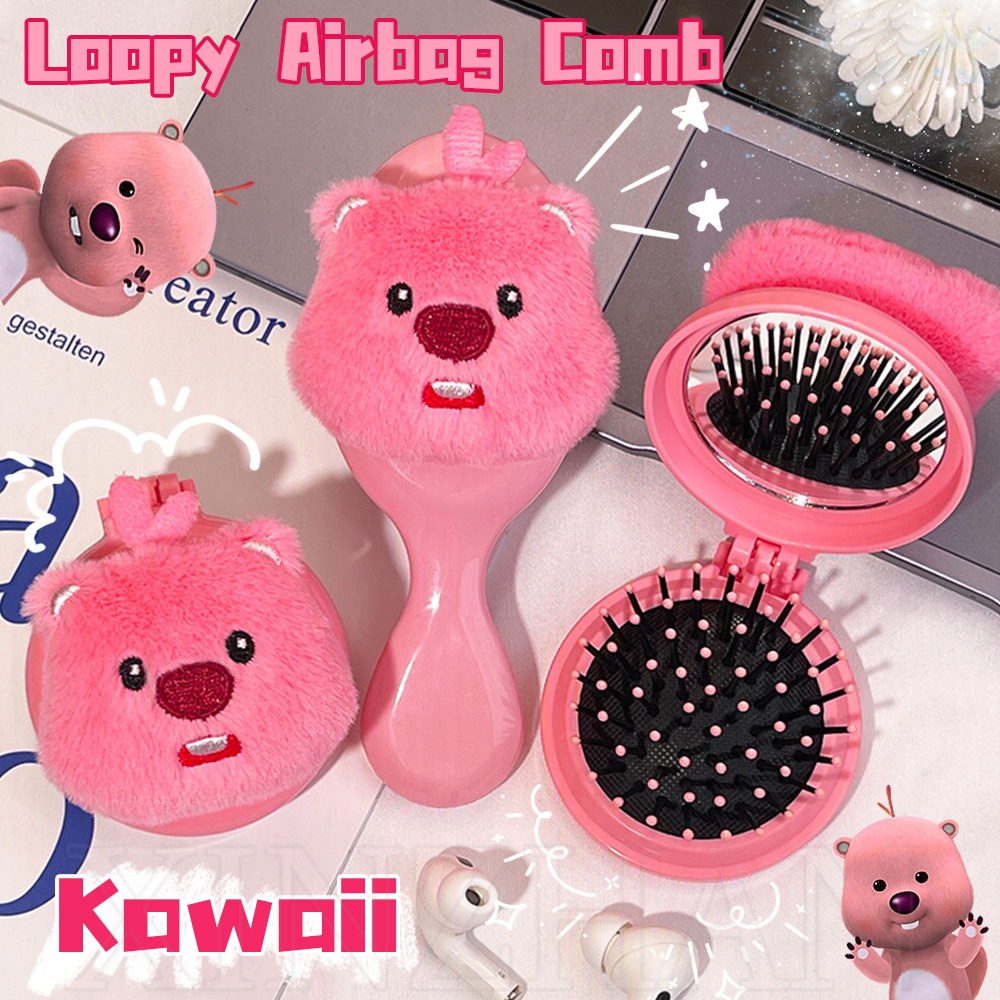 Kawaii หวีแปรงผม ขนนิ่ม สีชมพู / เครื่องมือจัดแต่งทรงผม สําหรับผู้หญิง / การเดินทาง แบบพกพา มินิ นวด เบาะลม หวี / การ์ตูนน่ารัก ลูปปี้ พับได้ ถุงลมนิรภัย หวี พร้อมกระจก