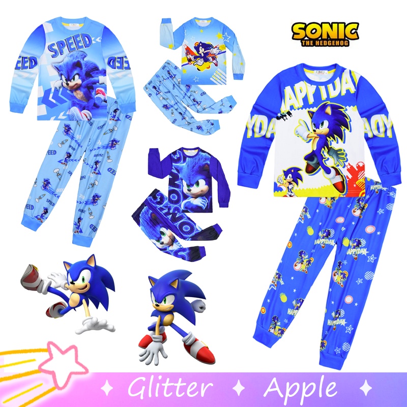 ชุดนอน เสื้อแขนยาว พิมพ์ลาย Super Sonic The Hedgehog สีฟ้า และกางเกง สําหรับเด็กทารกผู้ชาย