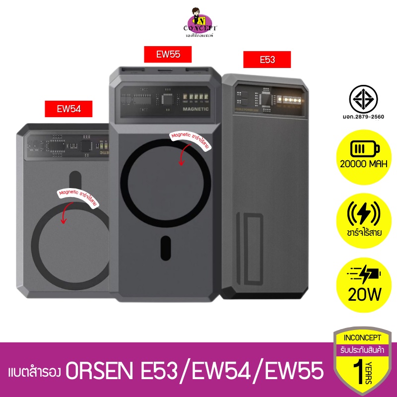 แบตสำรอง Orsen by Eloop E53 EW54 EW55 Magnetic 10000mAh 20000 mAh ชาร์จไร้สาย Power Bank พาวเวอร์แบงค์ Wireless Charger