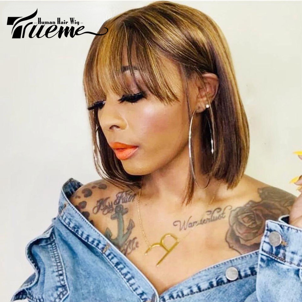 Trueme ตัดสั้น 180D ไฮไลท์ Bob วิกผม P4/30 ตรงผมมนุษย์วิกผม Bangs Remy ผมมนุษย์วิกผม Full Machine Ma